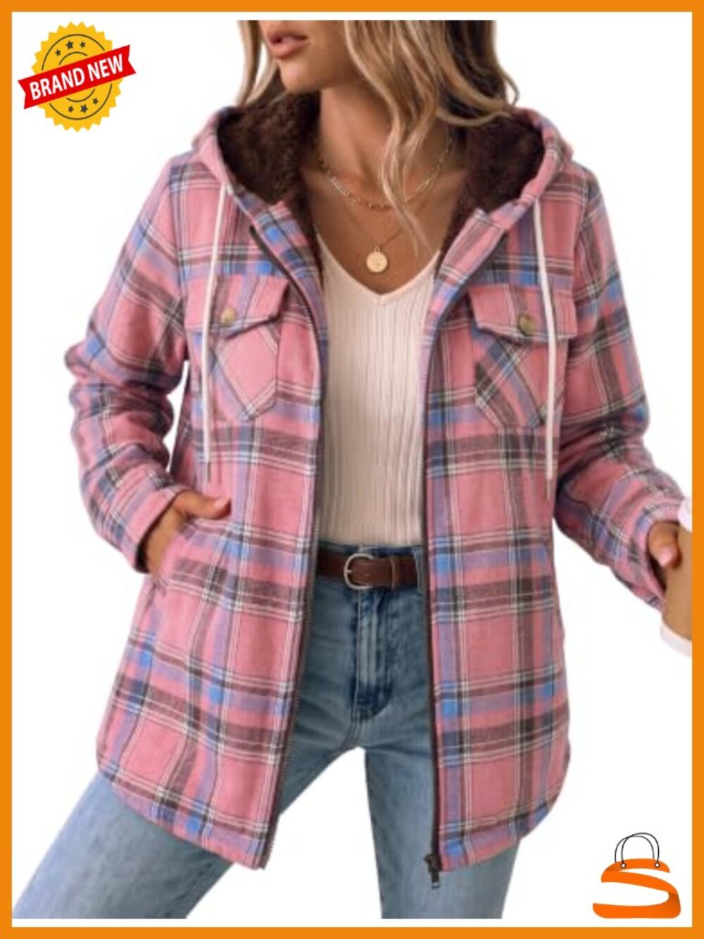 Zeagoo Womens Plaid Flannel Shacket Fleece Lined Hooded Winter Coat